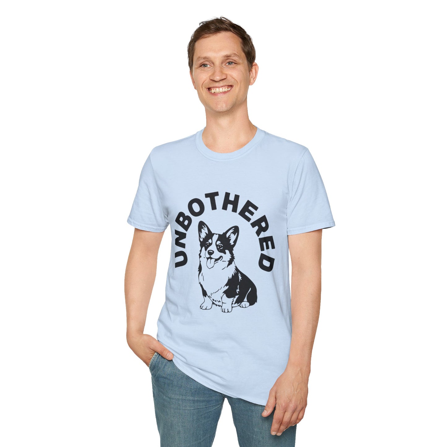 Unbothered Corgi T-Shirt — Cute Graphic Tee with 'UNBOTHERED' Text