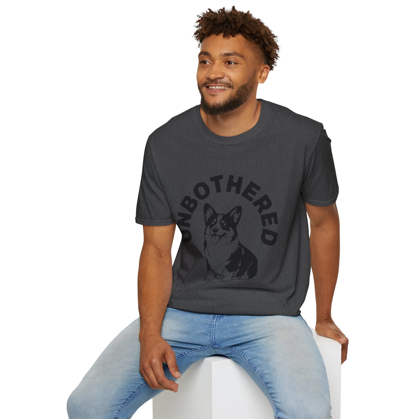 Unbothered Corgi T-Shirt — Cute Graphic Tee with 'UNBOTHERED' Text