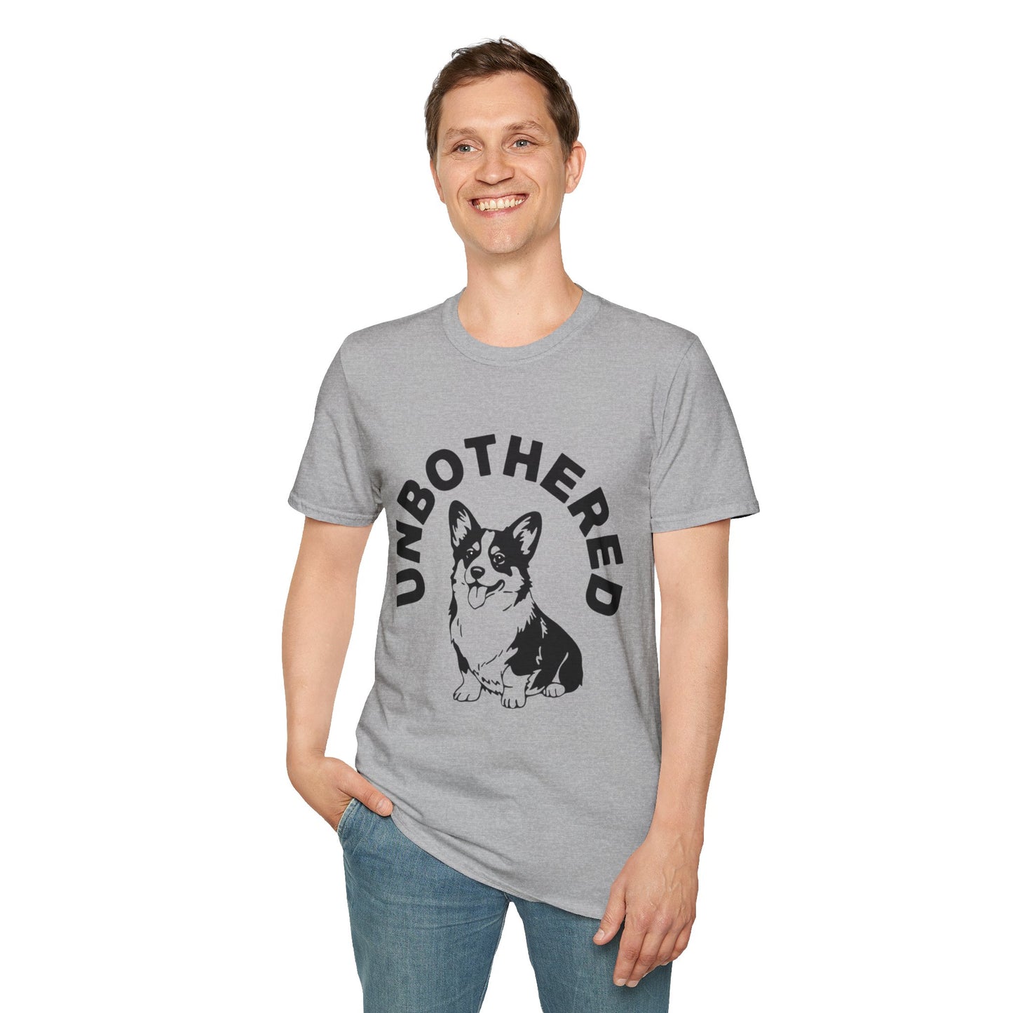Unbothered Corgi T-Shirt — Cute Graphic Tee with 'UNBOTHERED' Text