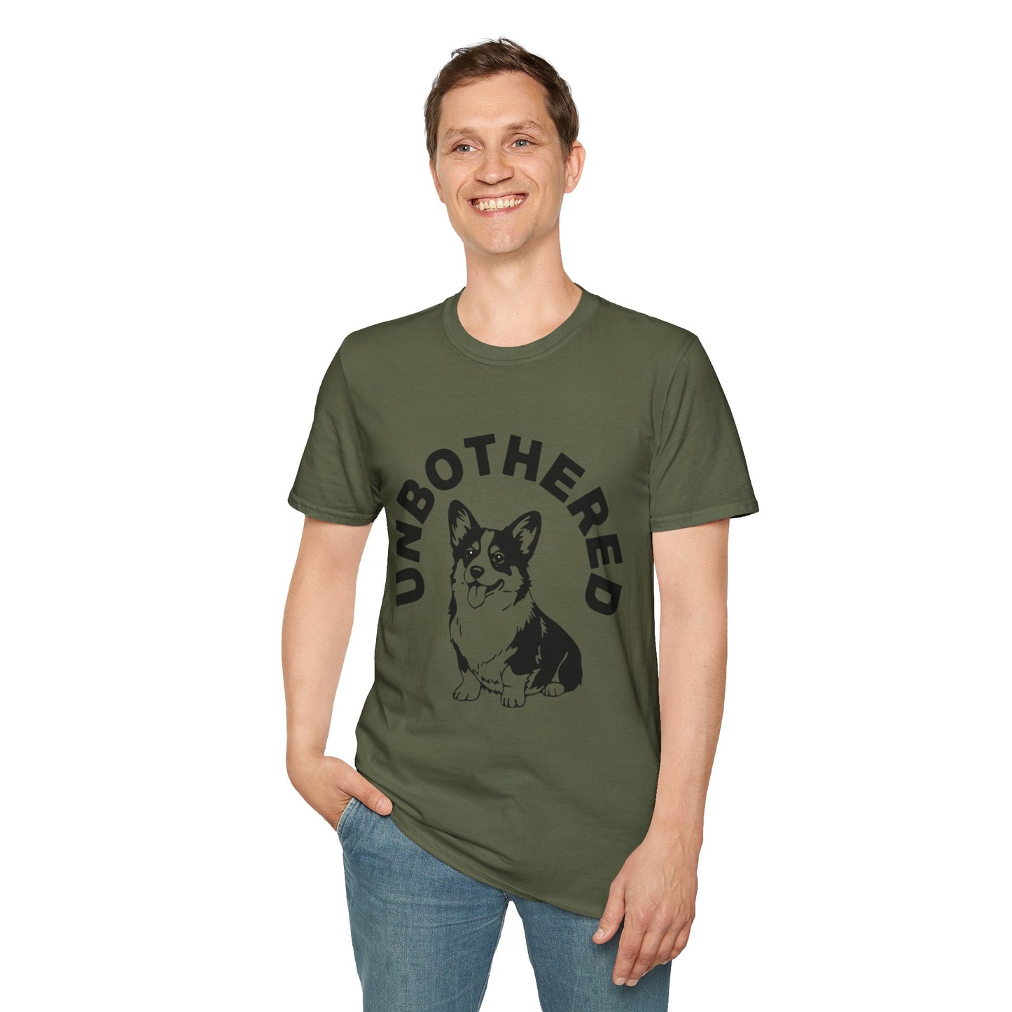 Unbothered Corgi T-Shirt — Cute Graphic Tee with 'UNBOTHERED' Text