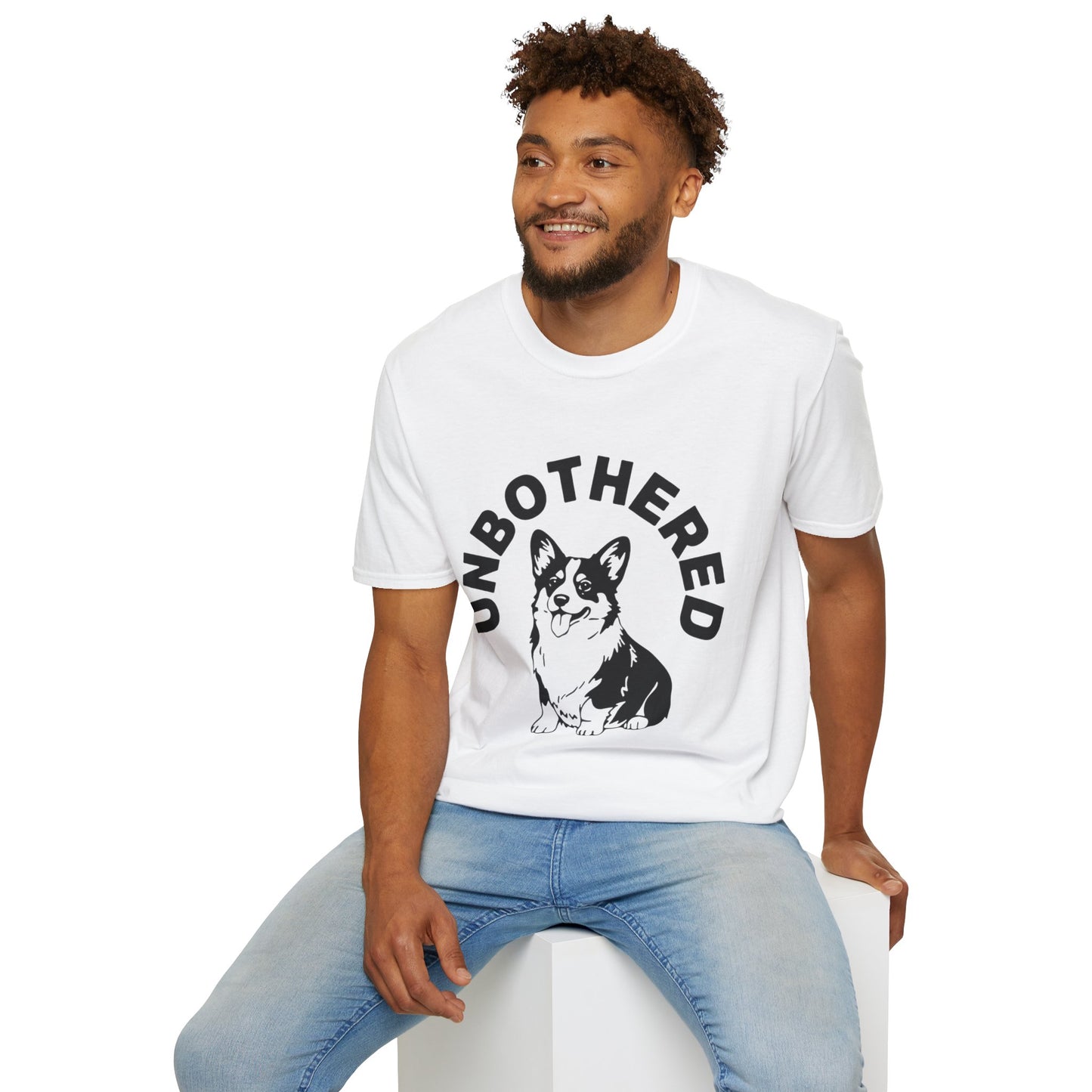 Unbothered Corgi T-Shirt — Cute Graphic Tee with 'UNBOTHERED' Text