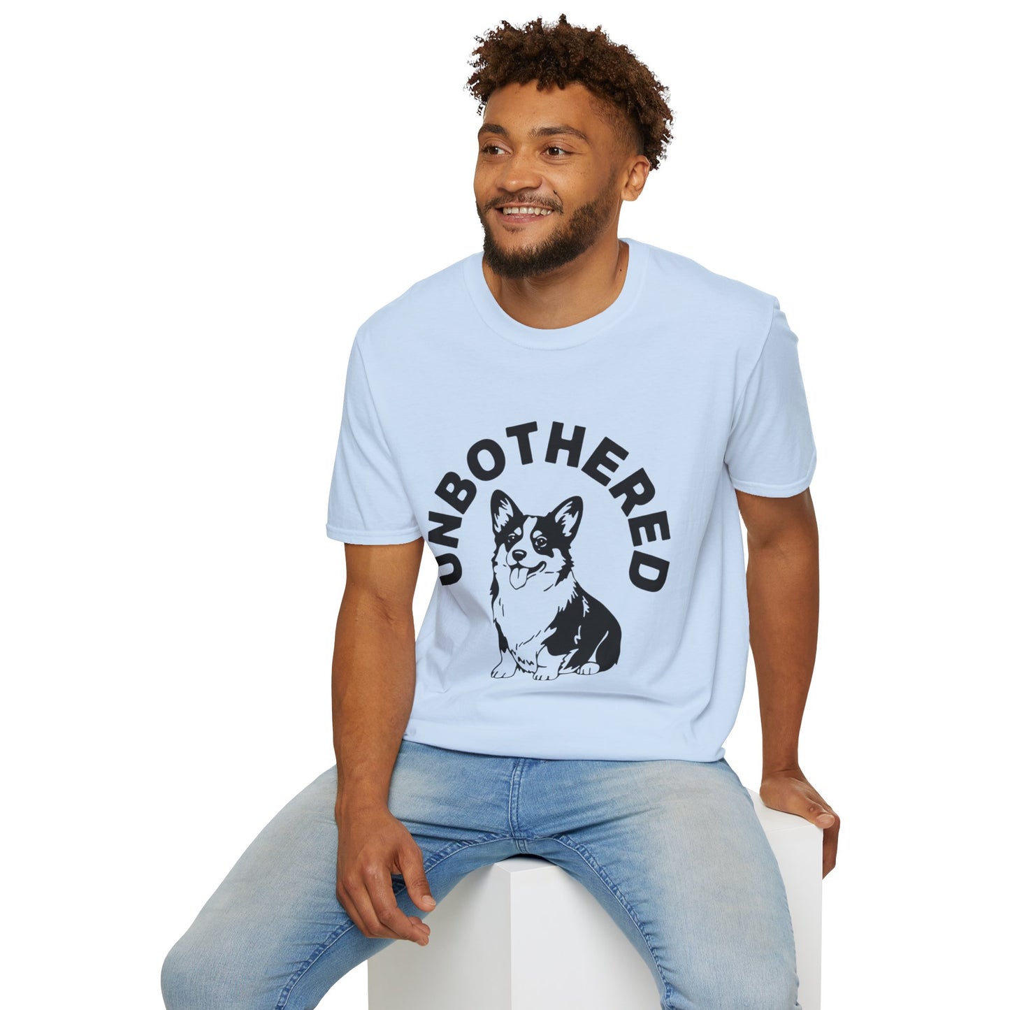 Unbothered Corgi T-Shirt — Cute Graphic Tee with 'UNBOTHERED' Text