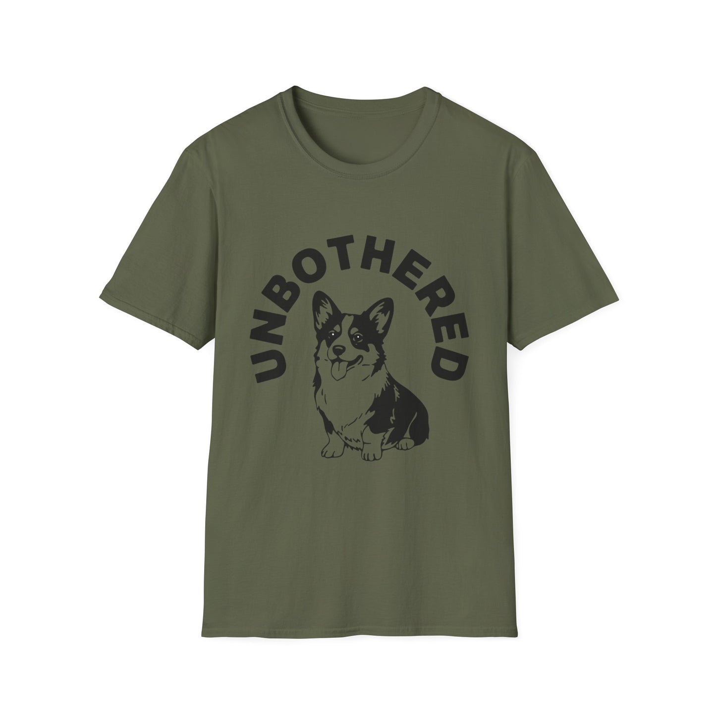 Unbothered Corgi T-Shirt — Cute Graphic Tee with 'UNBOTHERED' Text