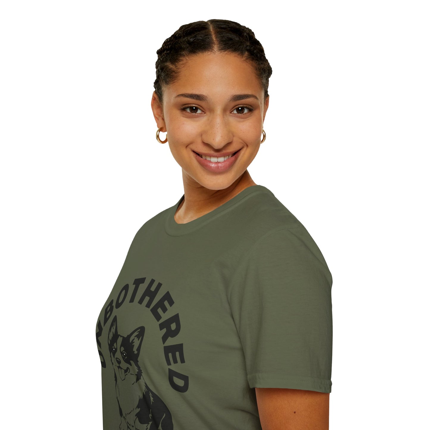 Unbothered Corgi T-Shirt — Cute Graphic Tee with 'UNBOTHERED' Text