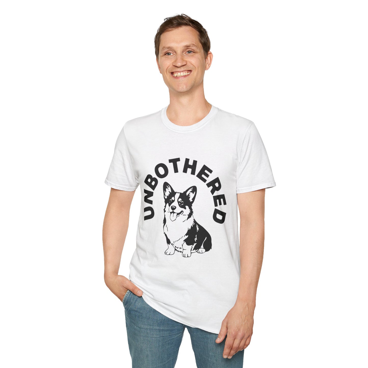 Unbothered Corgi T-Shirt — Cute Graphic Tee with 'UNBOTHERED' Text