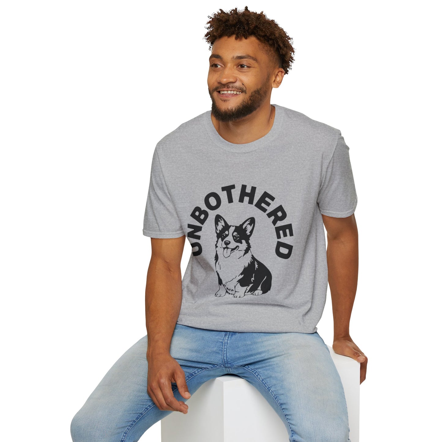 Unbothered Corgi T-Shirt — Cute Graphic Tee with 'UNBOTHERED' Text